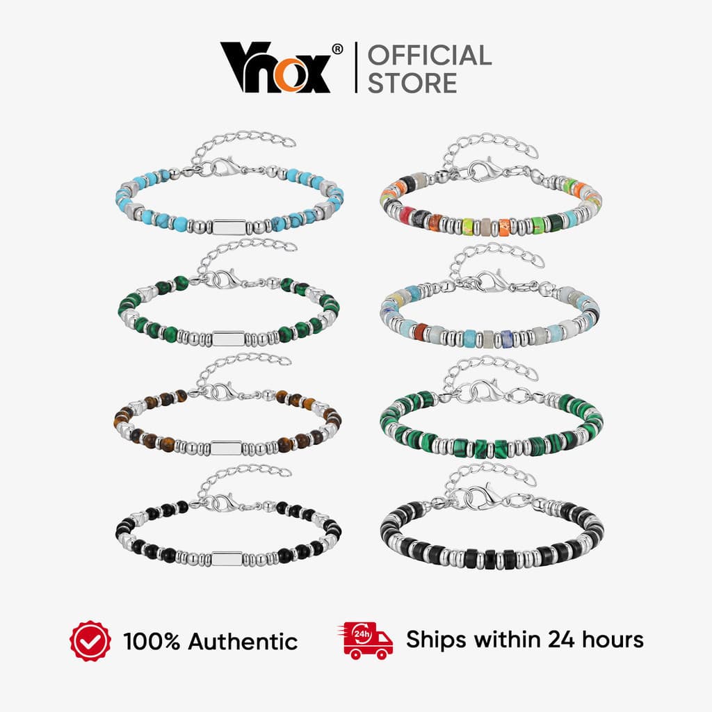Pulseira de Cristal Natural para Homens VNOX, Estilo Étnico Vintage, Impermeável, Resistente à Ferrugem, Amuleto da Sort