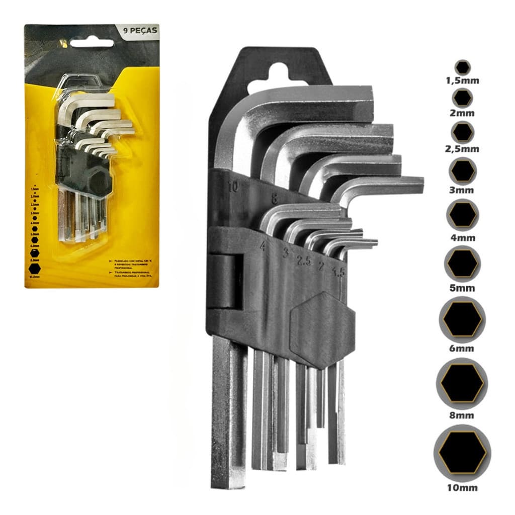 Kit Jogo Chave Allen Menor 9 Peças + Jogo Chave Allen Maior 9 Peças - 1.5 A 10mm