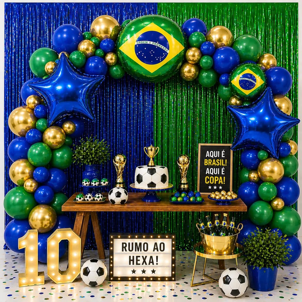Kit 120 Balões Copa2026 Cortina Estrela Bandeira Brasileira Redonda Arco Desconstruído + Fita