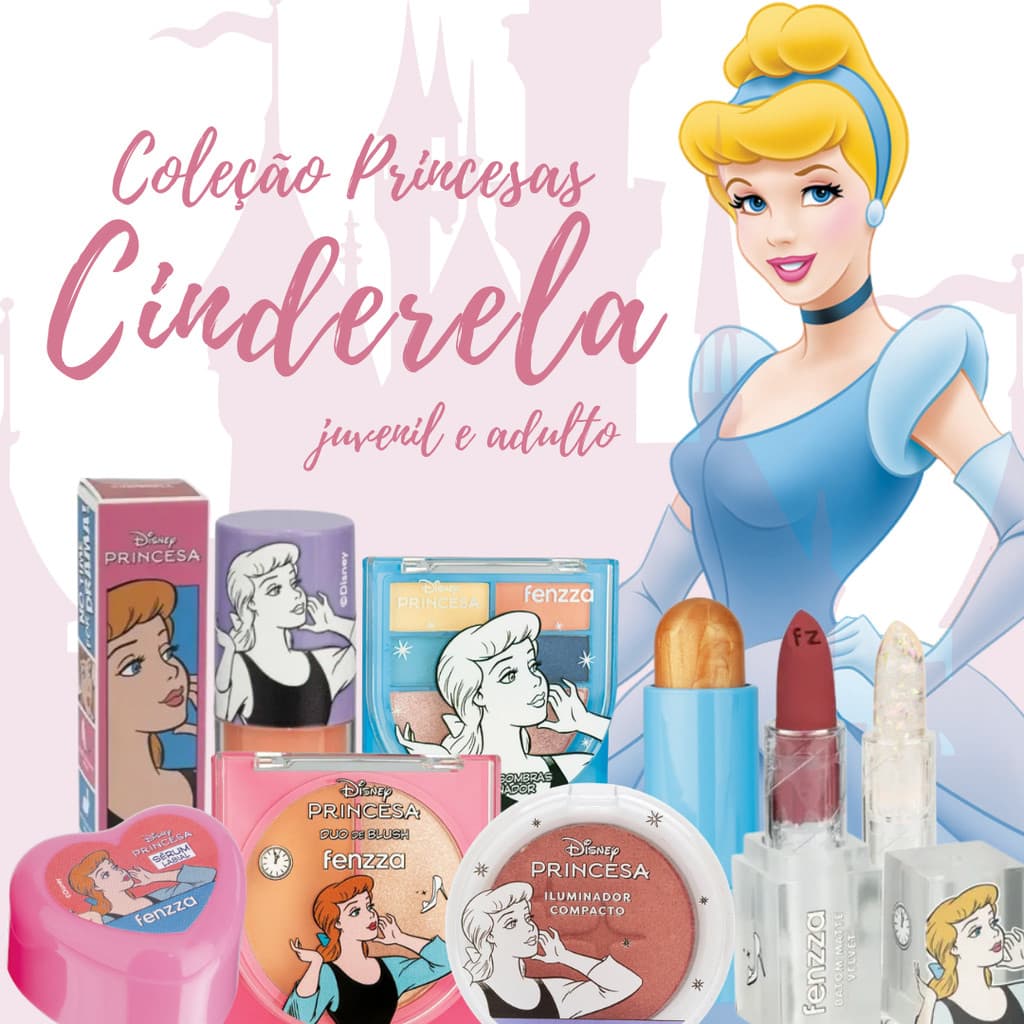 Coleção de Maquiagem Princesa Cinderela - Pó, Blush, Iluminador, Gloss, Batom - Disney  Fenzza