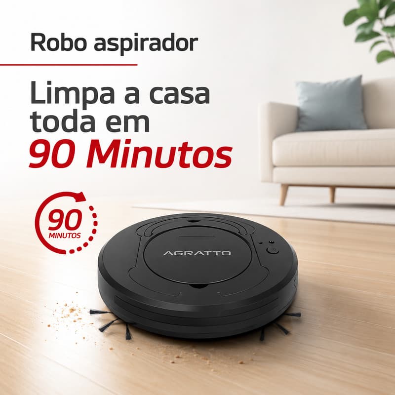 Aspirador de Pó Robô Agratto Aspirador de Pó 3 em 1 Preto Varre Passa Pano e Aspira