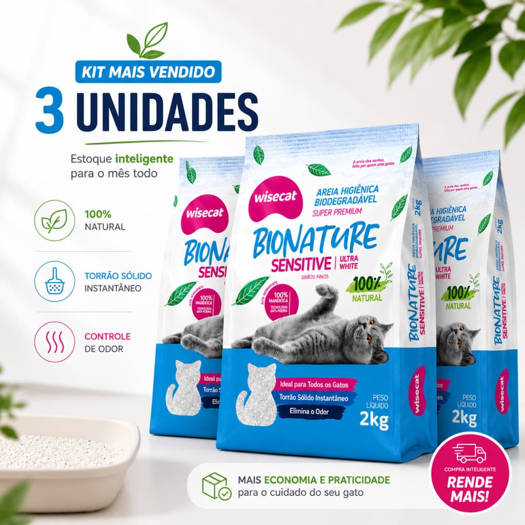 Kit 3 Areia Higiênica Biodegradável 2Kg Gato Super Premium Natural Sem Poeira Anti Odor