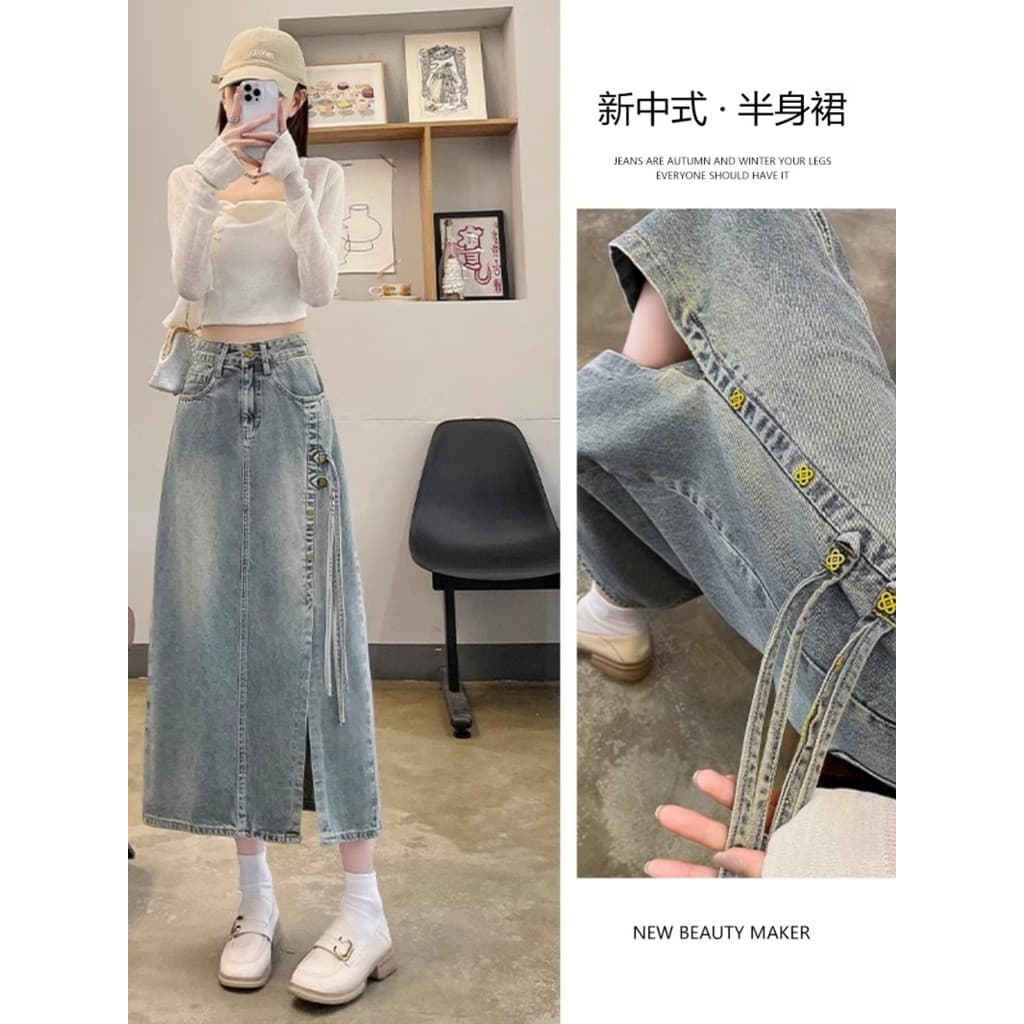 Retro novo estilo chinês Split Denim saia feminina 2025 primavera novo estilo Design sentido estilo chinês mais magro ol
