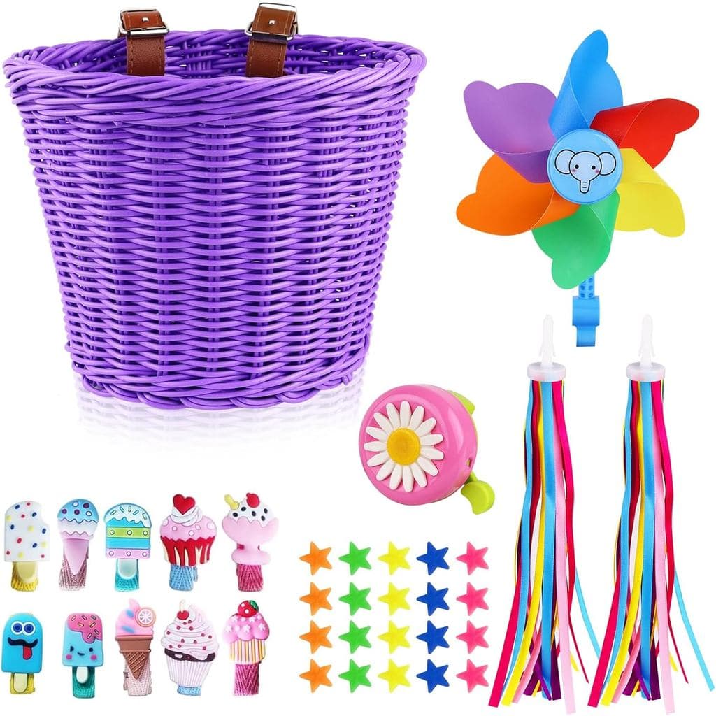 Cesta de Bicicleta Infantil FANOVO, Cesta de Bicicleta Removível para Meninas com Fitas Coloridas para Bicicleta, Sino d