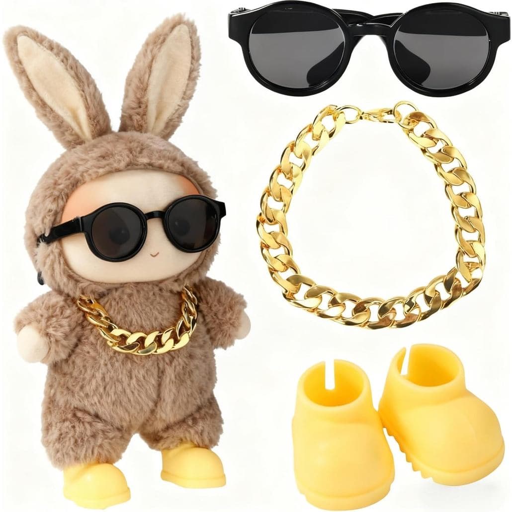 Roupas para Bonecas de 17cm/15cm Compatíveis com Labubu: Óculos de Sol Fashion + Colar Dourado + Sapatos Amarelos (Bonec