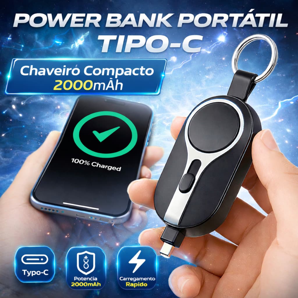 Mini Power Bank Chaveiro 2000mah Para Tipo C