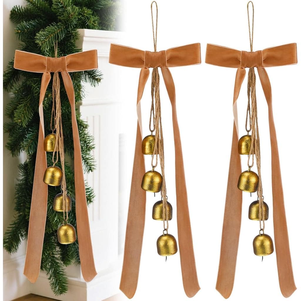 LEIFIDE 2 Peças Sinos Rústicos de Natal com Laço de Veludo, Sinos Vintage de Natal Feitos à Mão com Corda de Juta, Ornam