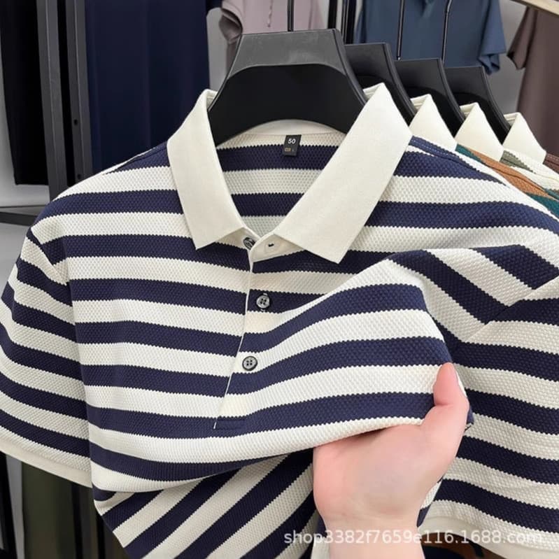 Novo estilo listrado camiseta de manga curta lapela camisa POLO masculina de manga curta