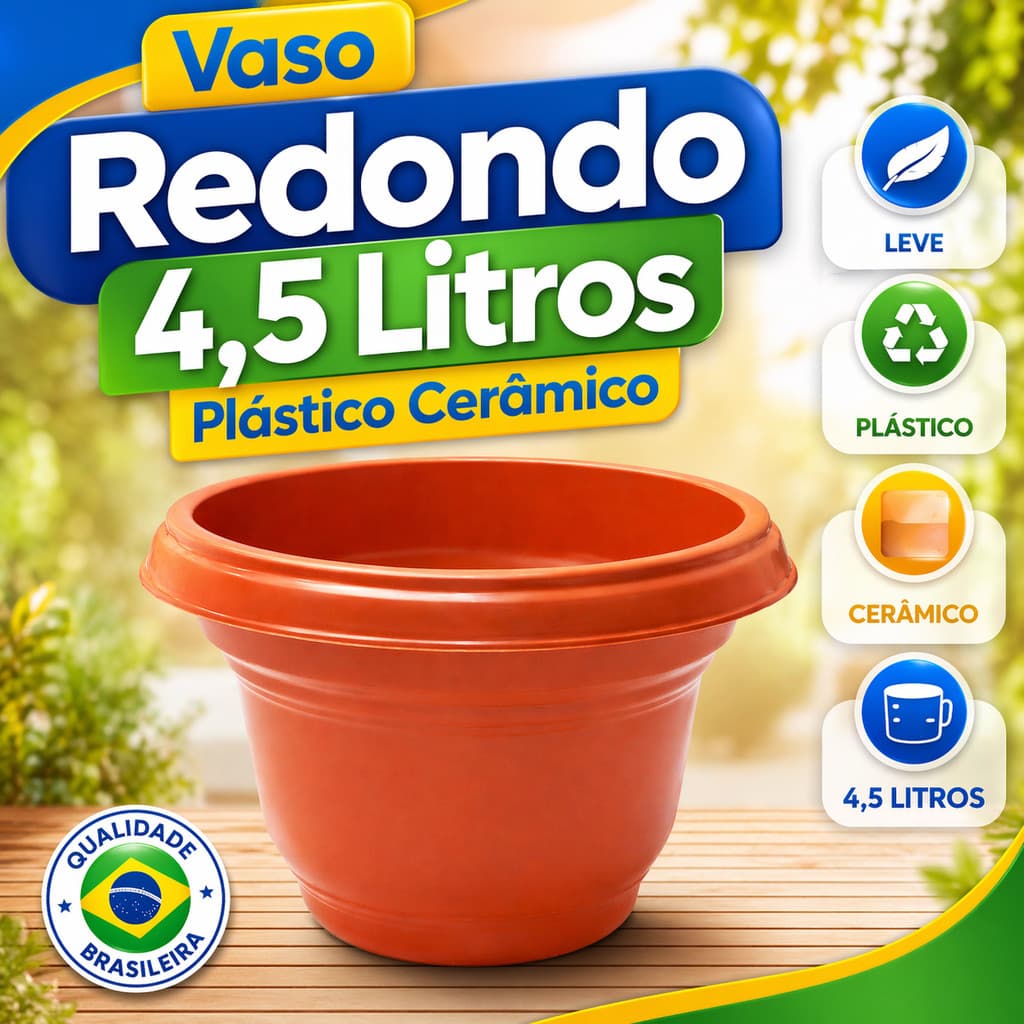 Vaso Redondo 4,5 Litros Plástico Cerâmico Resistente Jardim Suculentas Mudas Flores Decorativo Leve