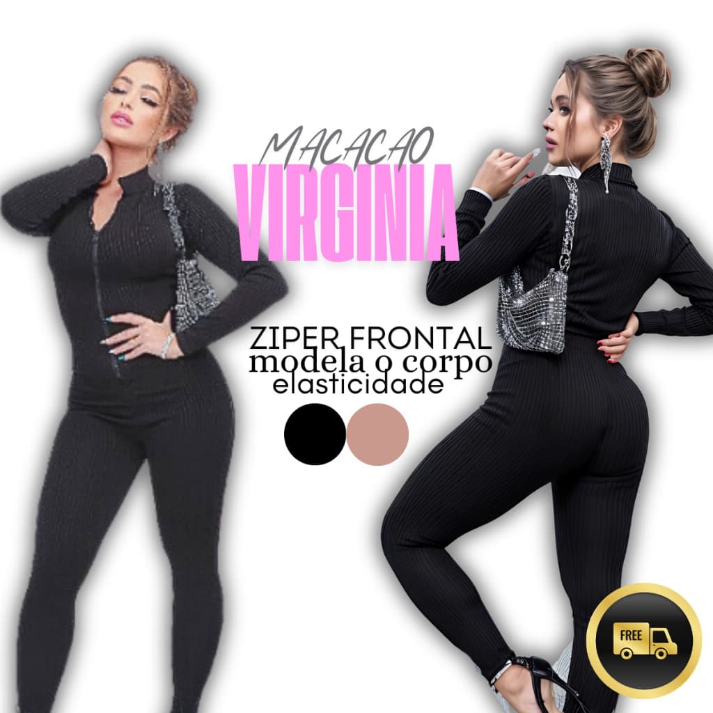 Macacão Virginia Feminino Manga Longa Com Ziper Frontal envio Imediato