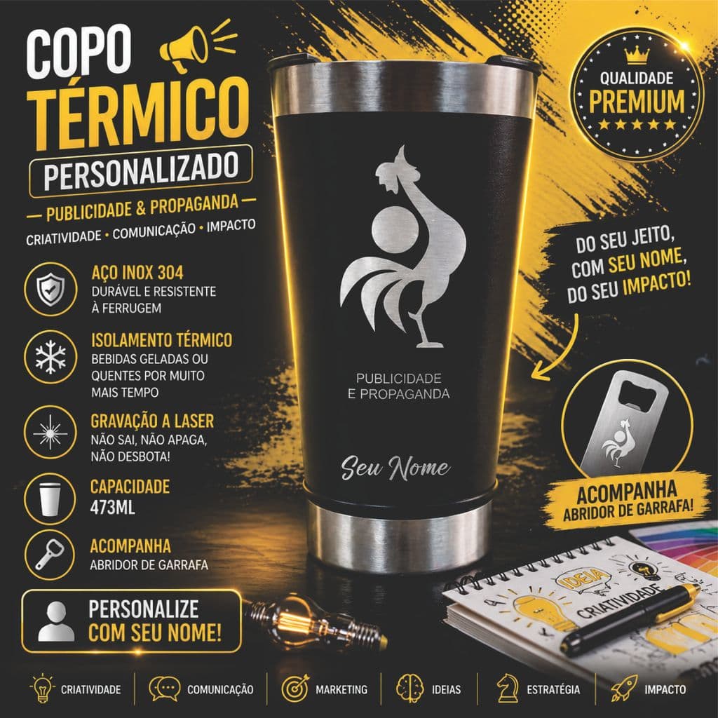 Copo Térmico Publicidade e Propaganda 473ml Personalizado Nome Inox + Abridor, Presente Ideal Publicitário Marketing