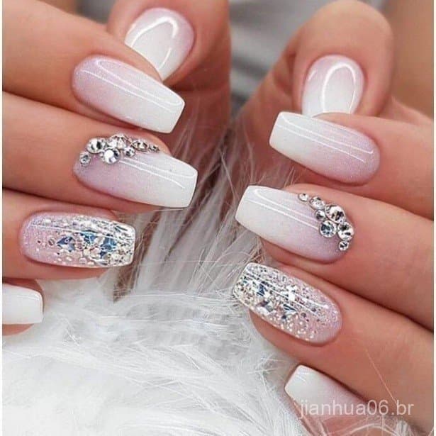 24 peça unhas postiças realista decoradas em gel francesinha com diamantes 3D arte unha bailarina brilhante