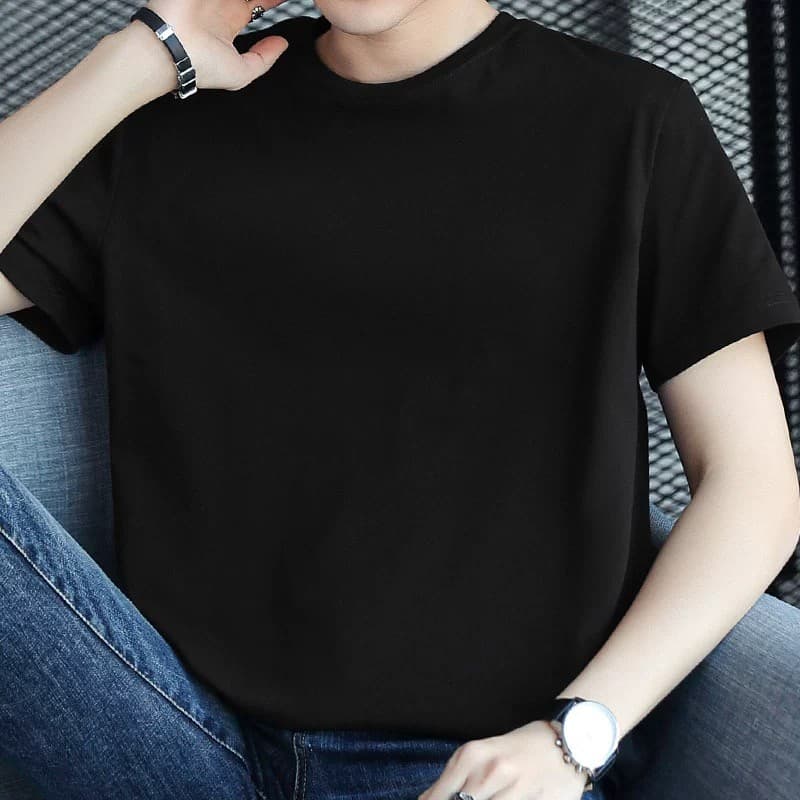 Camiseta de algodão masculina de manga curta Street Wear na moda cor sólida preto roupas superiores algodão em torno do