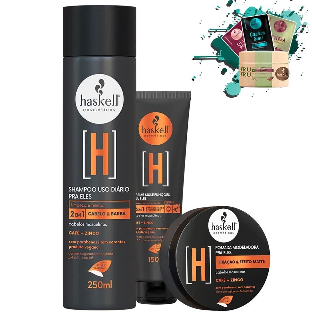 Shampoo Cabelo e Barba 250ml e Creme Multifunções + Pomada 55gr Linha Homem Haskel