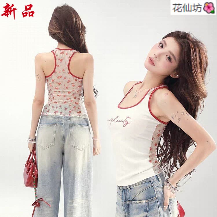 Americano quente menina carta em forma de I camisola feminina verão exterior Wear fino-ajuste estilo férias sem mangas c