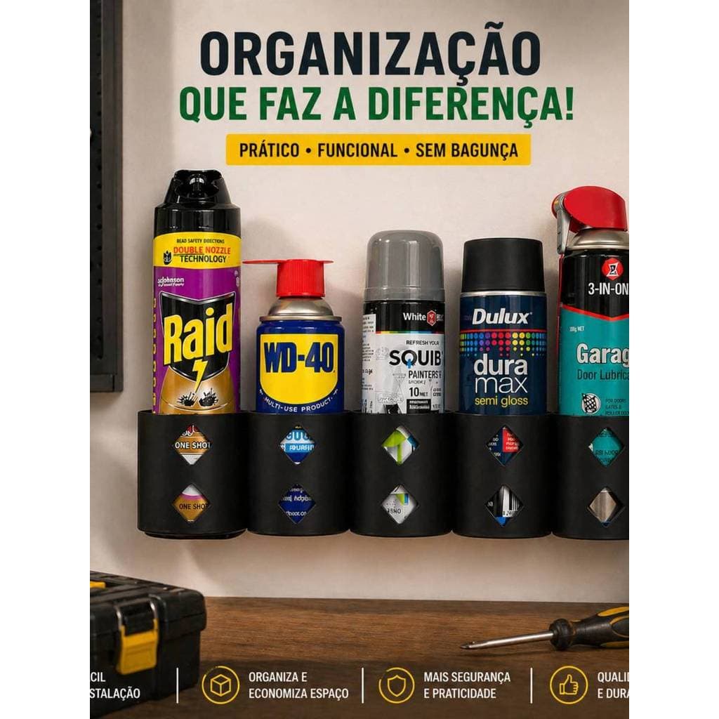 Suporte  kit 5 Organizador Para Sprays Aerosol De Parede Porta WD40 Tintas Lubrificantes Oficina Garagem