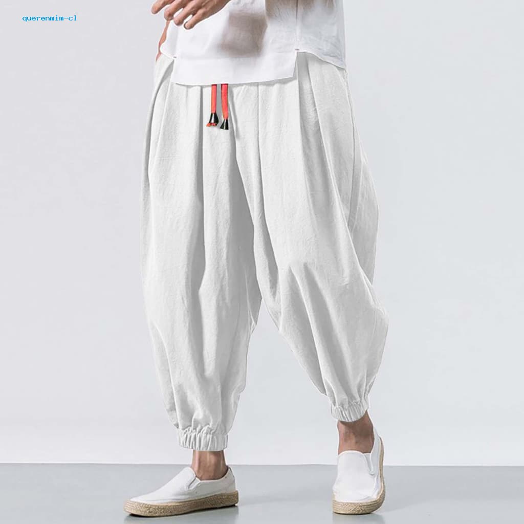 Plus Size Pants Men Pocketed Harem Men's Loose Baggy Bloomers with Deep Crotch Elastic Waist Drawstring Pockets Ankle-ba