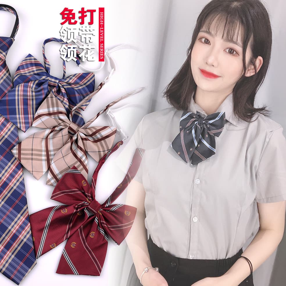 Novo produto meninas JK gravata flor sem nó gravata curta uniforme xadrez moda gravata preta estilo Preppy estilo pregui
