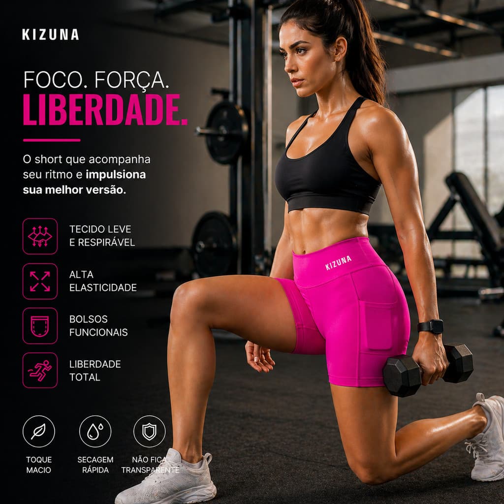 Short Feminino Kizuna Premium Suplex com Bolso Porta Celular Academia Cintura Alta Compressão Treino Muito Confortável