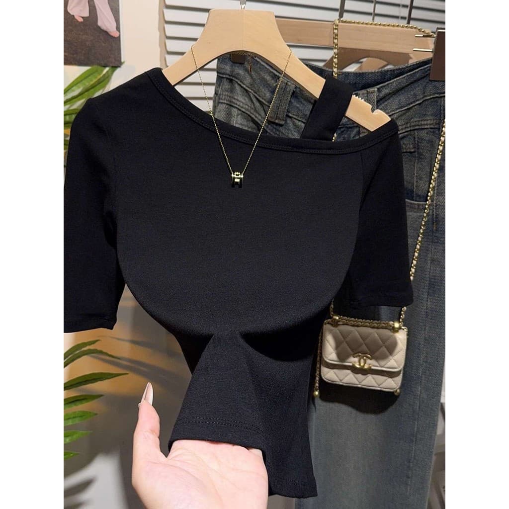 Camiseta feminina com rosca de manga média, ombro inclinado, Slim Fit, Design superior, sensação de manga de cinco ponto