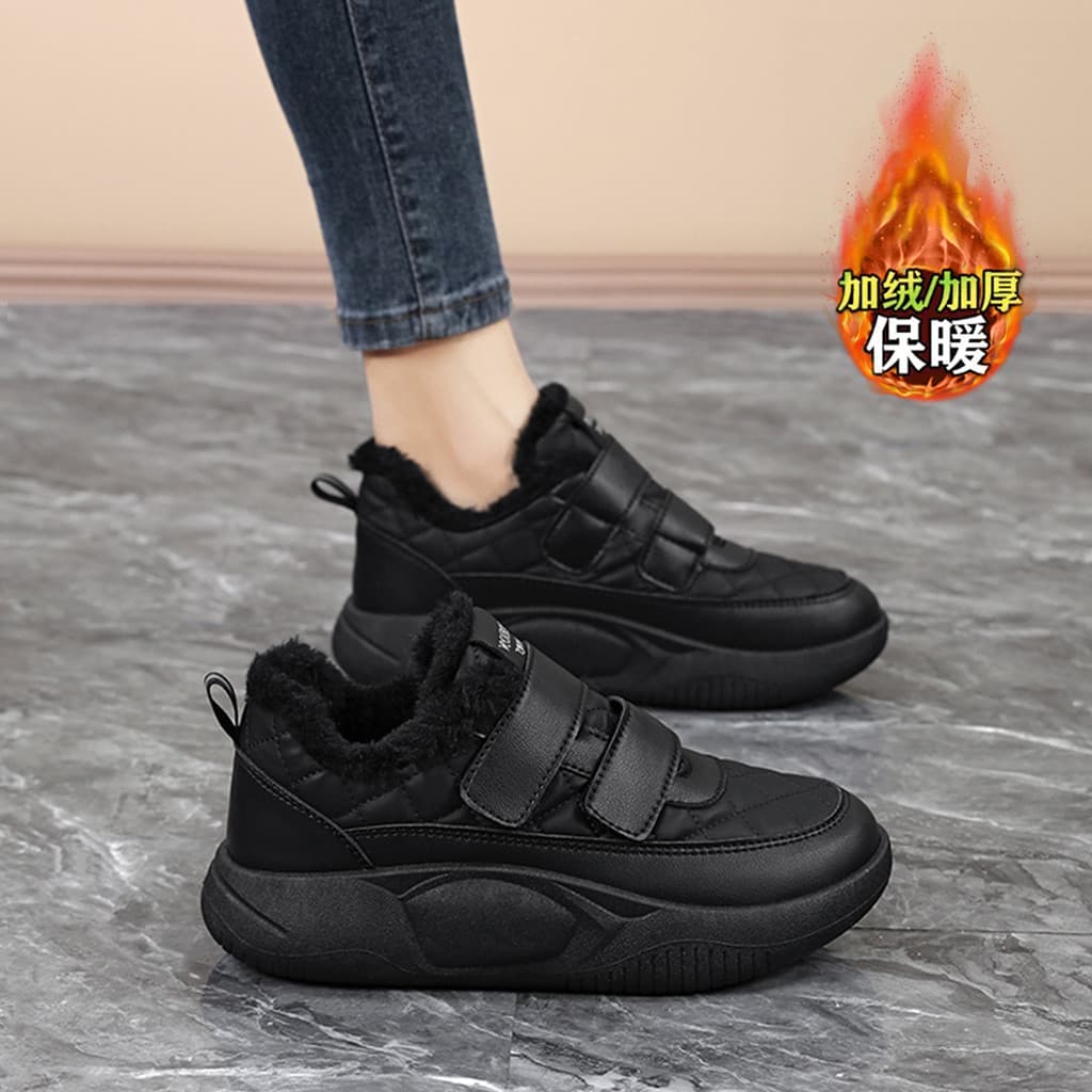 Preto couro genuíno sapatos de algodão feminino 2026 novo estilo inverno Velcro forro tênis cozinha à prova de óleo sapa