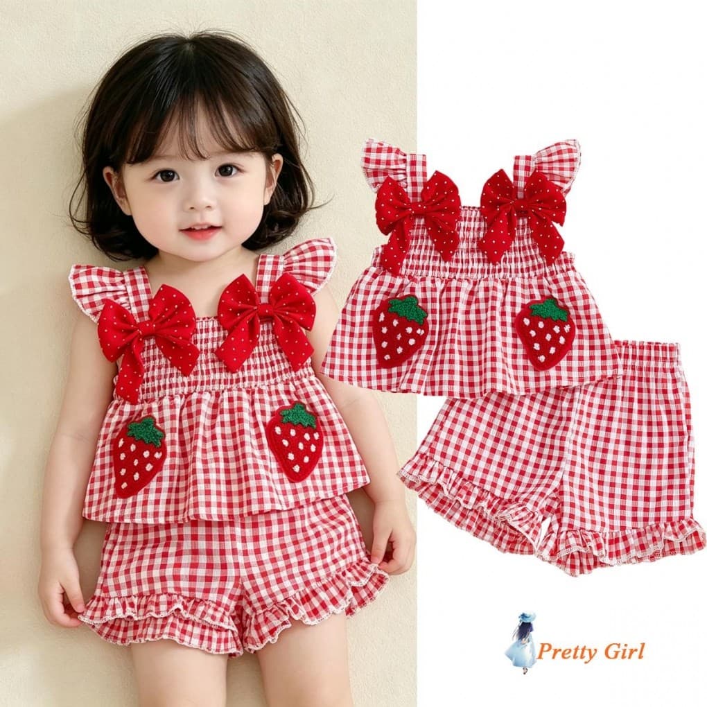 Mellifluous-Baby Girl Verão Morango Bordado Xadrez Arcos Babados Guarnição Regatas E Shorts Conjunto De 2 Peças