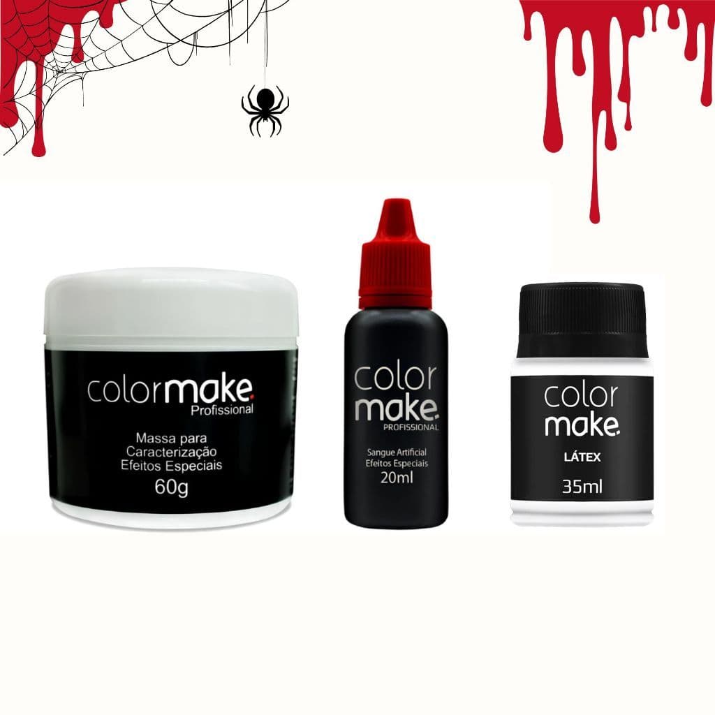 Kit Maquiagem Artística Colormake perfeita para Halloween Massa de Caracterização + Pigmento Vermelho + Látex