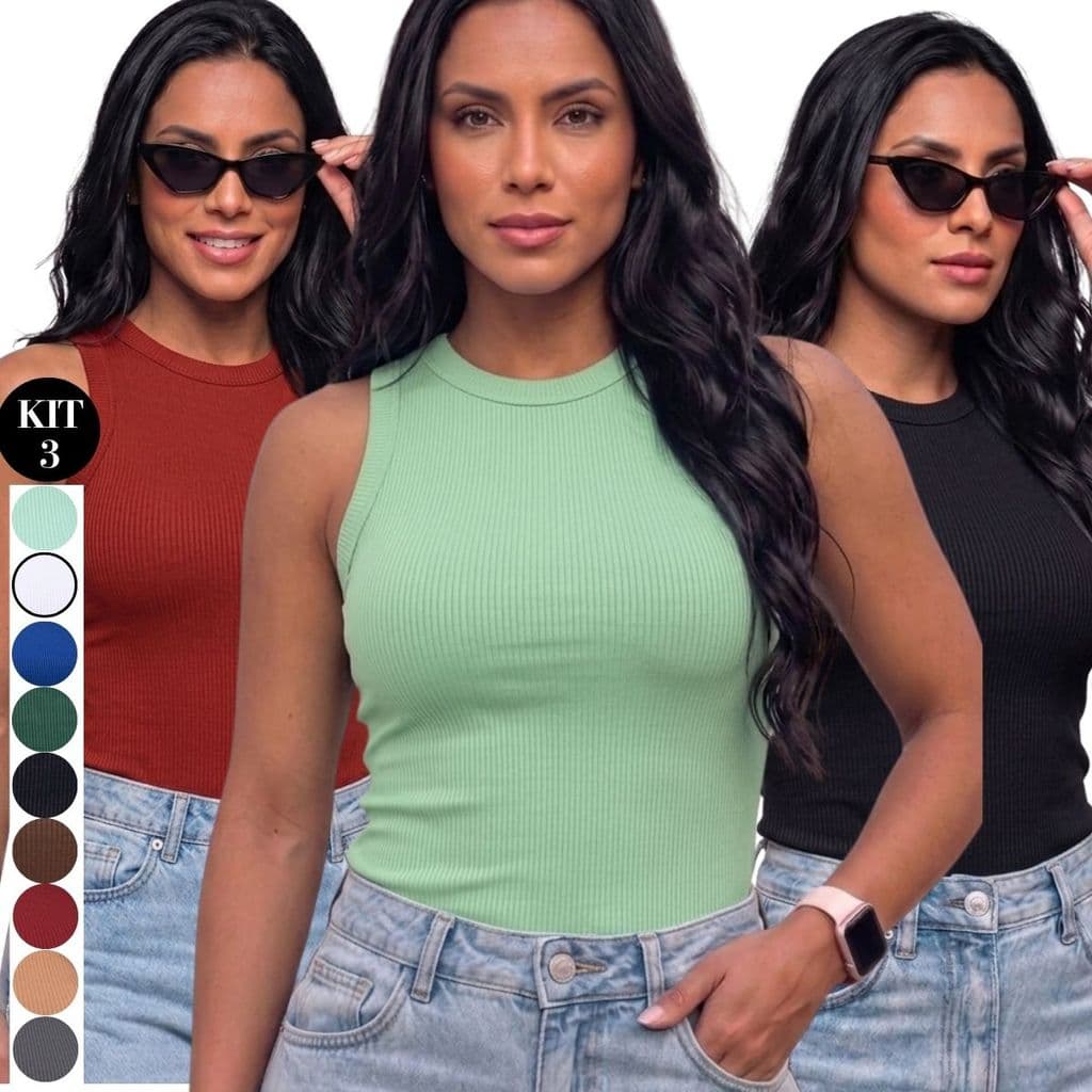 Kit 3 Regata Feminina Ribana Canelada Básica Moderna Ajuste Perfeito Tendência Feminina