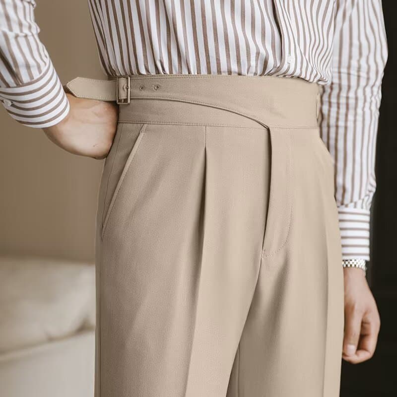 Primavera outono Retro negócios em linha reta Drape sentimento não-ferro cintura alta nápoles calças casuais masculinas