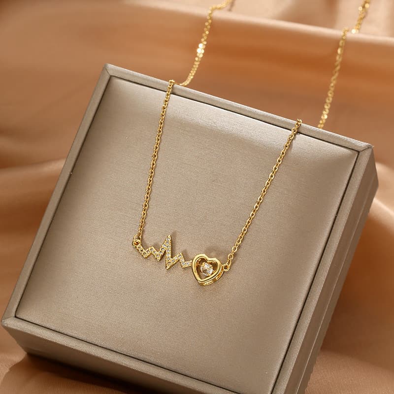 Colar Com Pingente De Coração Eletrocardiograma De Zircônia Cúbica Dourada 18K Para Acessórios Femininos N0002
