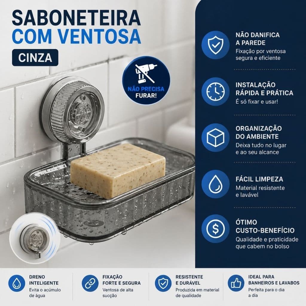 SABONETEIRA COM VENTOSA CINZA | INSTALAÇÃO SEM FUROS | PRÁTICA E MODERNA