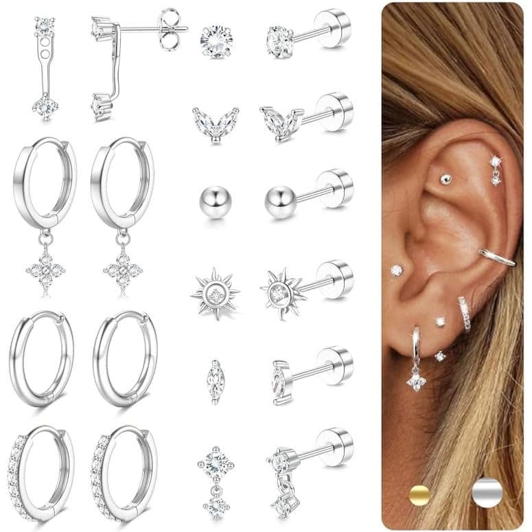 FUNRUN JEWELRY Brincos Hipoalergênicos de Base Plana para Mulheres - Brincos de Hélice e Cartilagem em Aço Inoxidável Ba