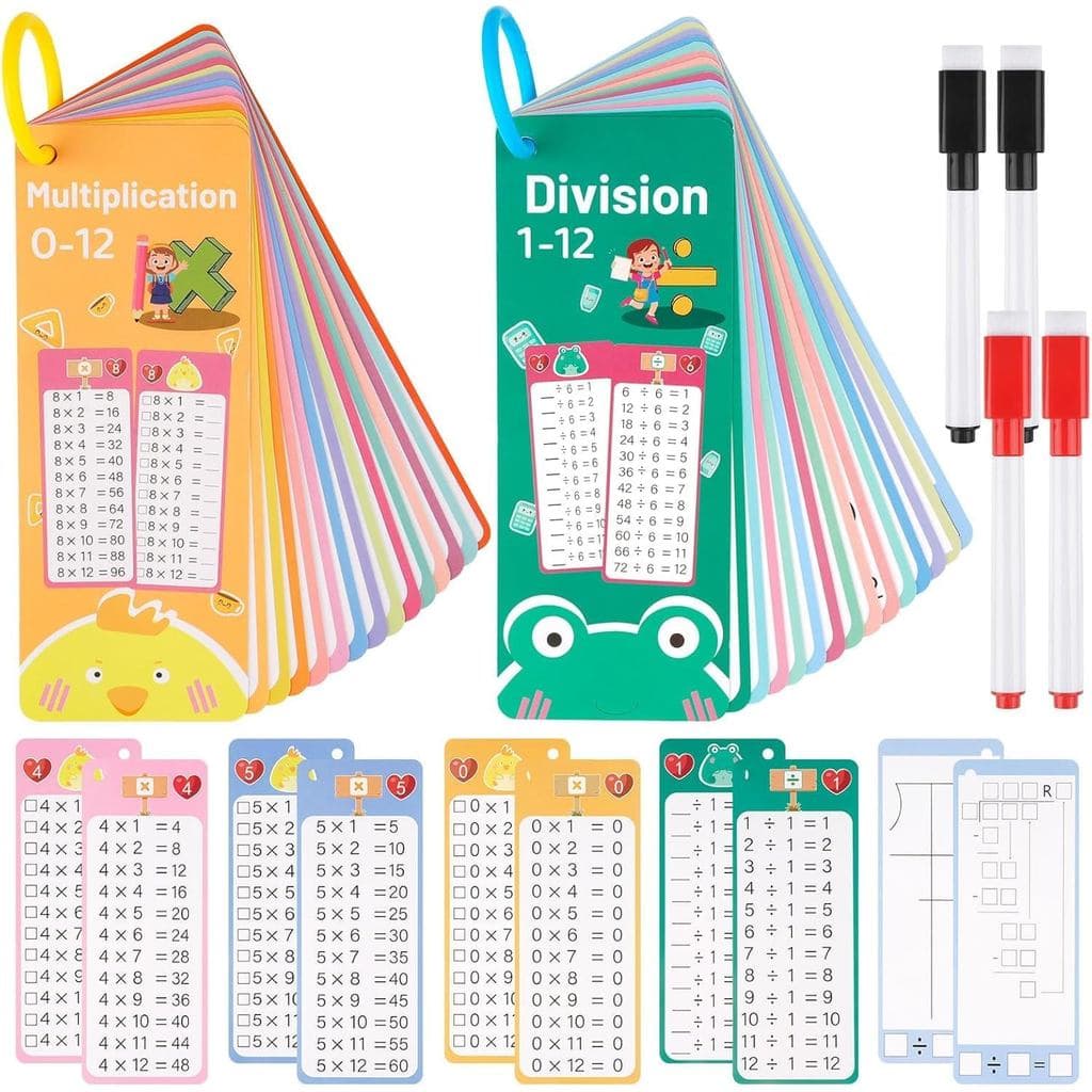 Cartões de Flash para Multiplicação e Divisão, 30 Peças, Cartões de Flash de Matemática de 0 a 12 com 4 Canetas Apagávei