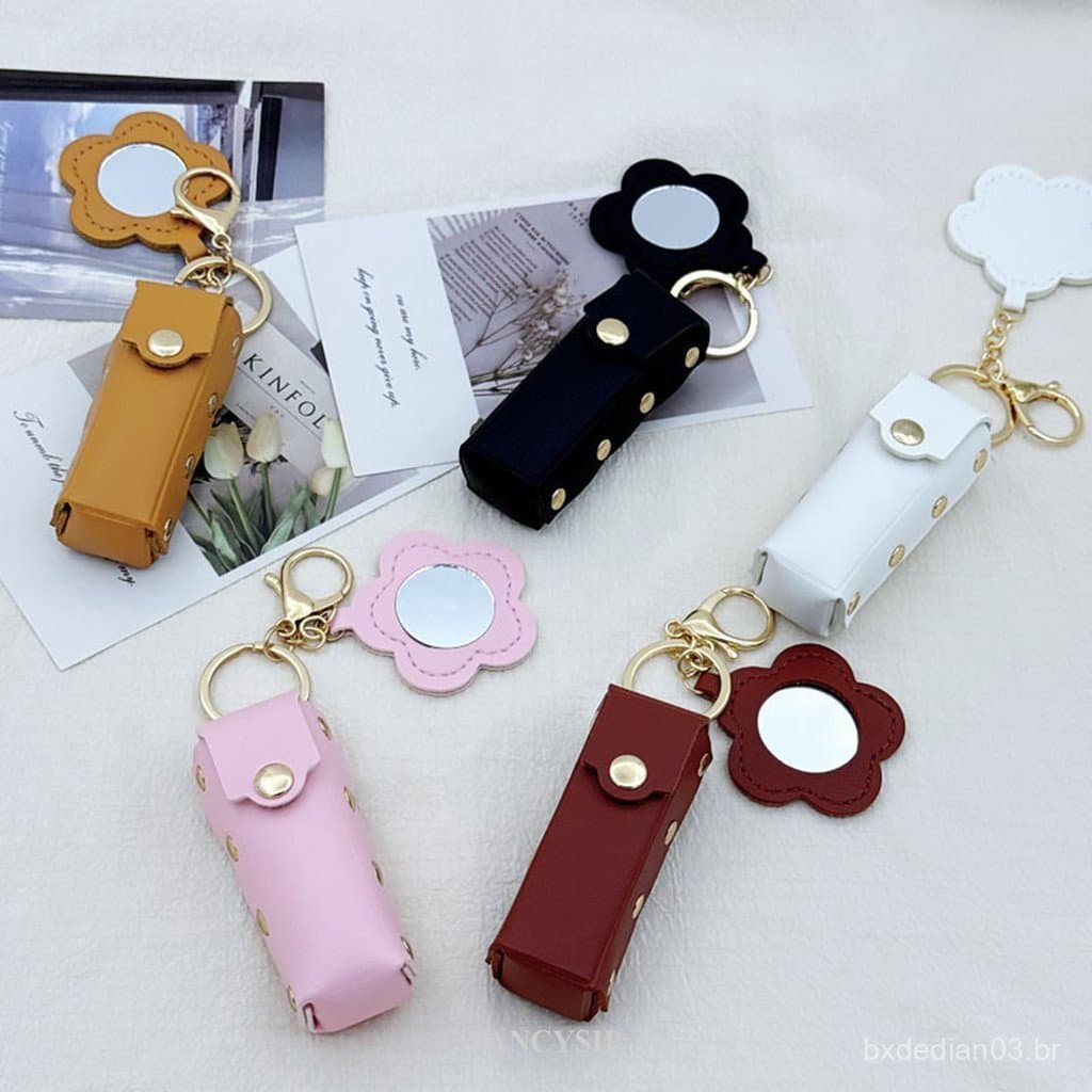 Chaveiro Personalizado Com Espelho De Flor Portátil Mini Couro Batom Saco De Armazenamento