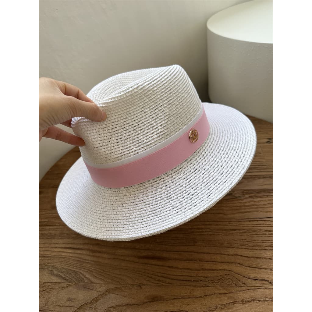 Verão panamá chapéu superior compras praia chapéu de viagem feminino m estilo ocidental branco rosa chapéu de palha de a