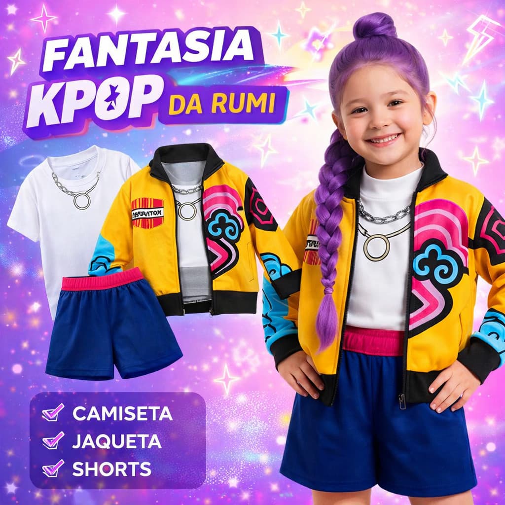 Fantasia Guerreiras Kpop Infantil Rumi Guerreira K-Pop Luxo Dança Show Menina Carnaval Dia Das Crianças