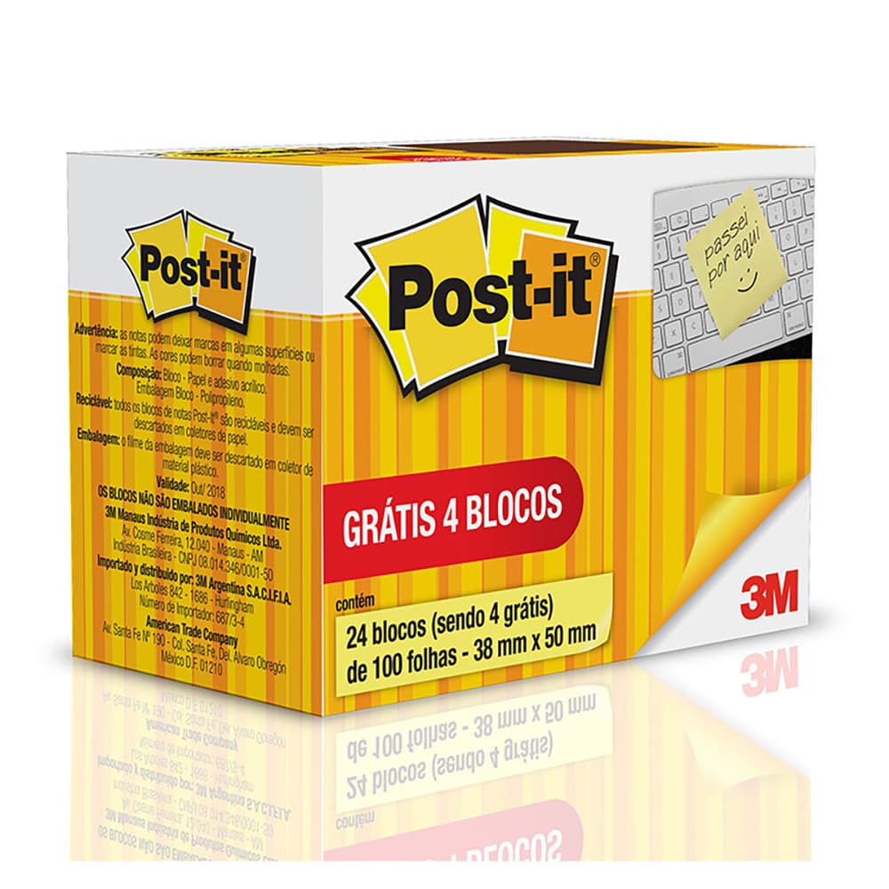 Bloco de notas adesivas Post-it Amarelo 38x50mm 100 folhas Leve 24 Pague 20 3M
