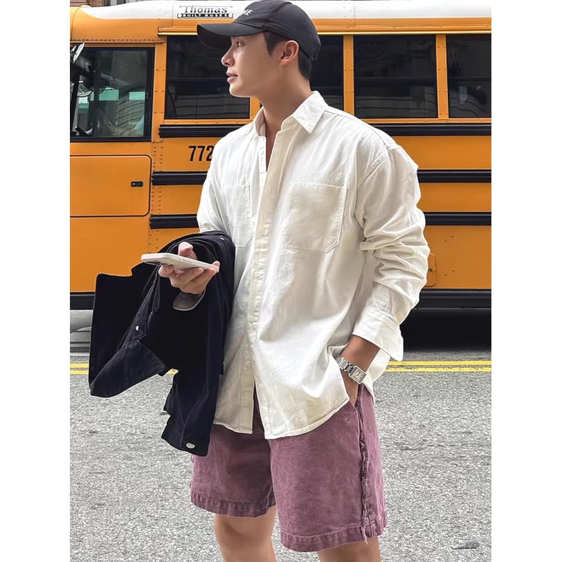 Camisa francesa de linho de algodão com bolso duplo masculino estilo fino respirável solto de manga comprida estilo dinh