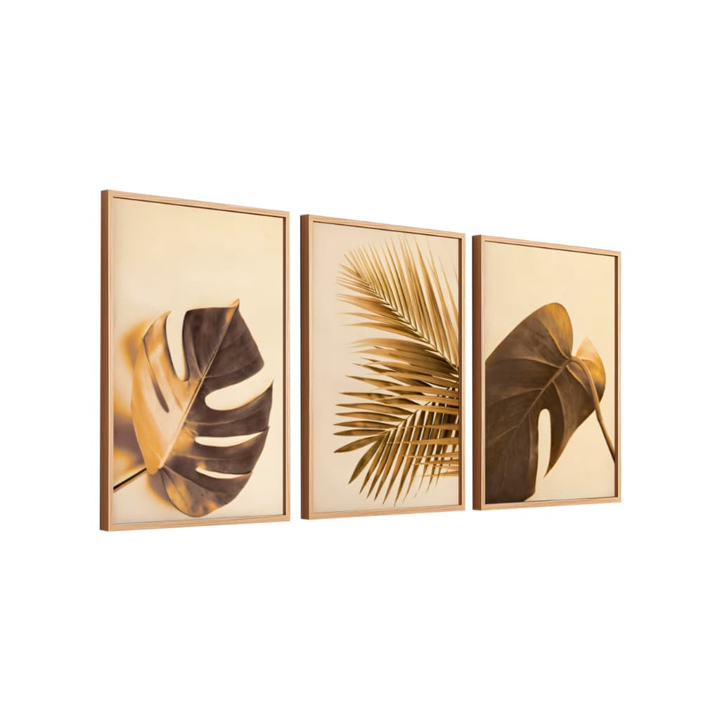 Trio Quadros Decorativos Com Moldura 40x60 Folhagem Abstrata Luxo Moderno