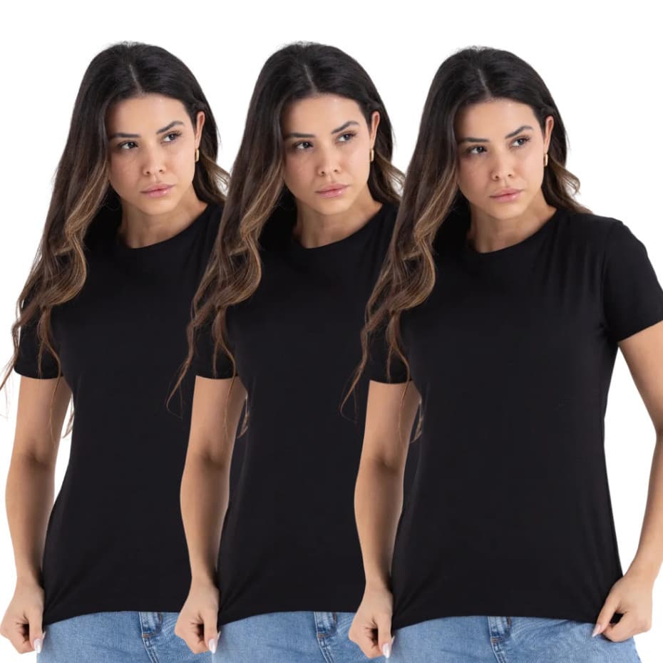 Kit com 3 Camisetas Femininas Baby Look 100% Algodão