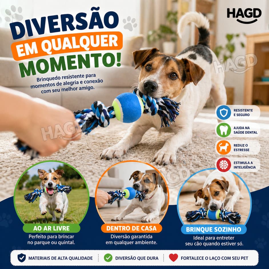 Brinquedo Mordedor de Corda com Bola de Tênis para Cães e Gatos - Resistente, Interativo e Limpeza de Dentes
