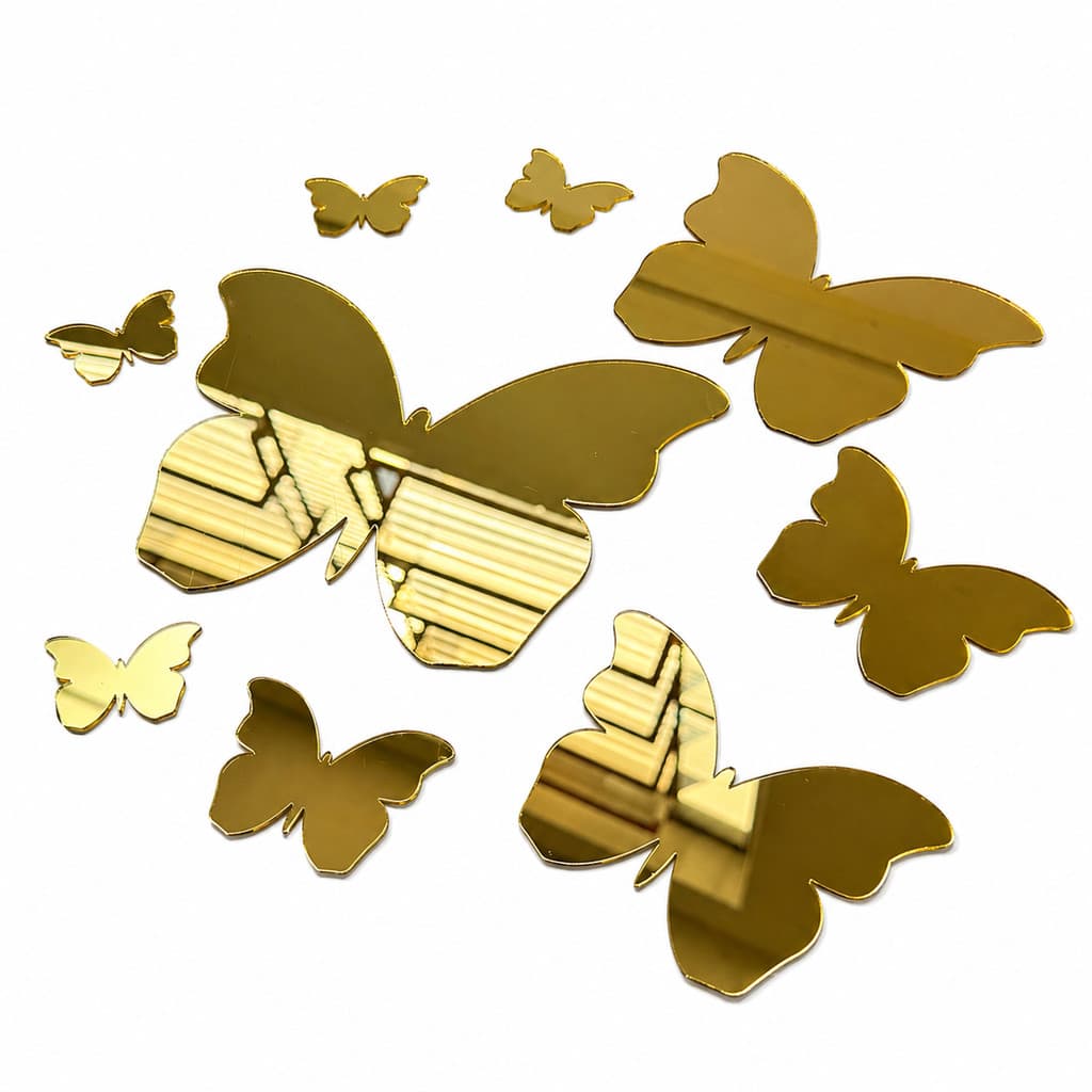 Kit 9 Borboletas Espelhadas 3D Acrílico Decorativo Autocolante Parede Quarto Sala Rose Gold