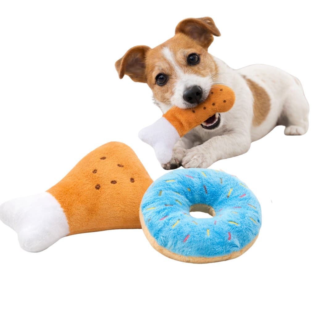 Kit 2 brinquedos de pelucia pet com apito mordedor com barulho para cachorro gato rosquinha e coxa