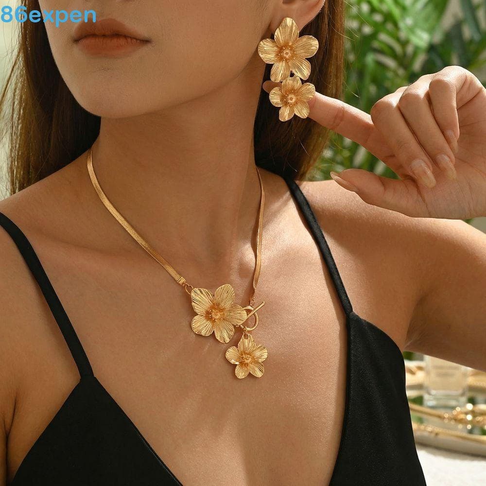EXPEN1 3 Unidades/Conjunto Conjuntos De Joias De Brincos Florais , Colar Com Pingente De Flor Elegante Fecho OT , Exager