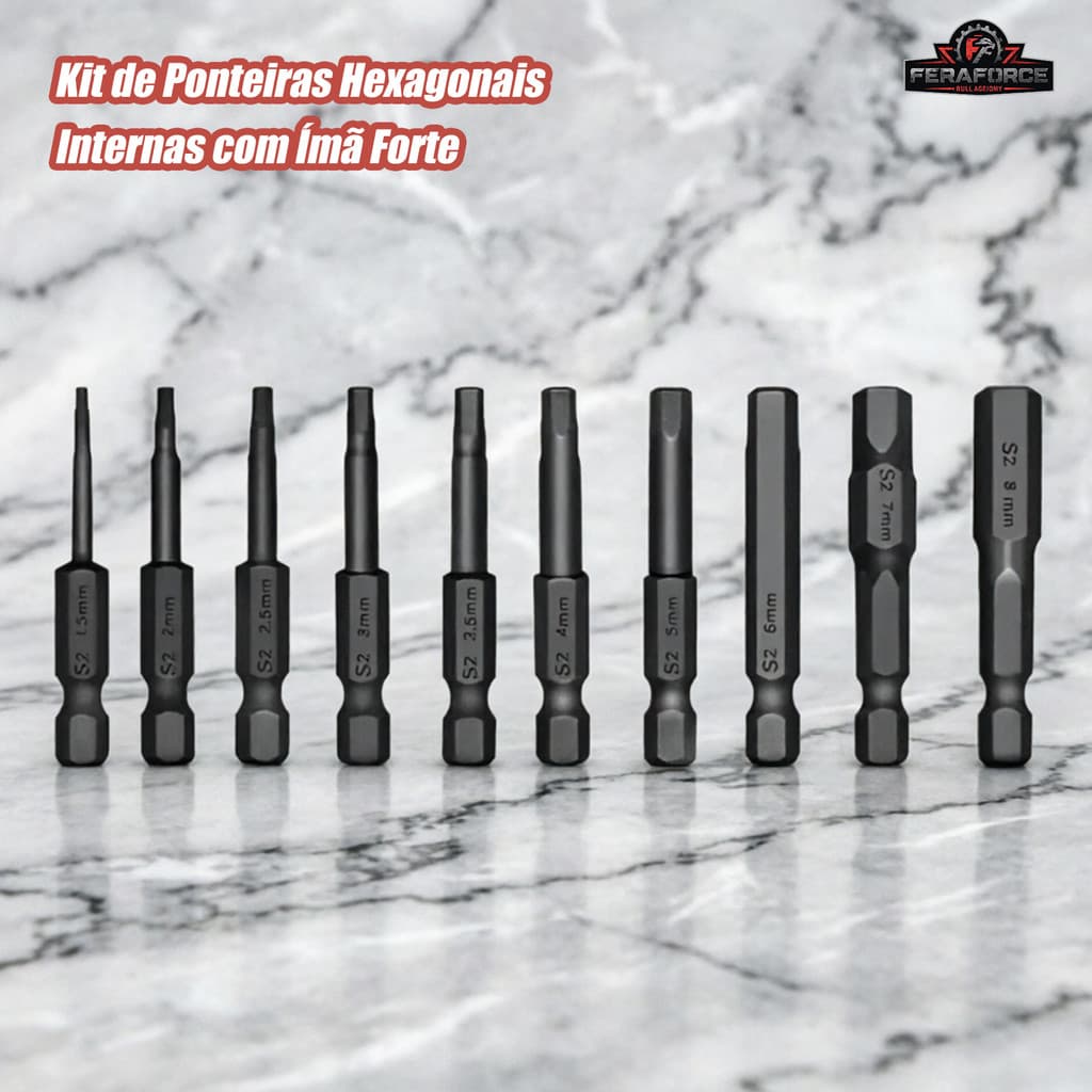 Kit Bits Allen Sextavado Magnético 10 Peças para Furadeira Fixação Firme Alta Resistência 1.5 a 8 mm