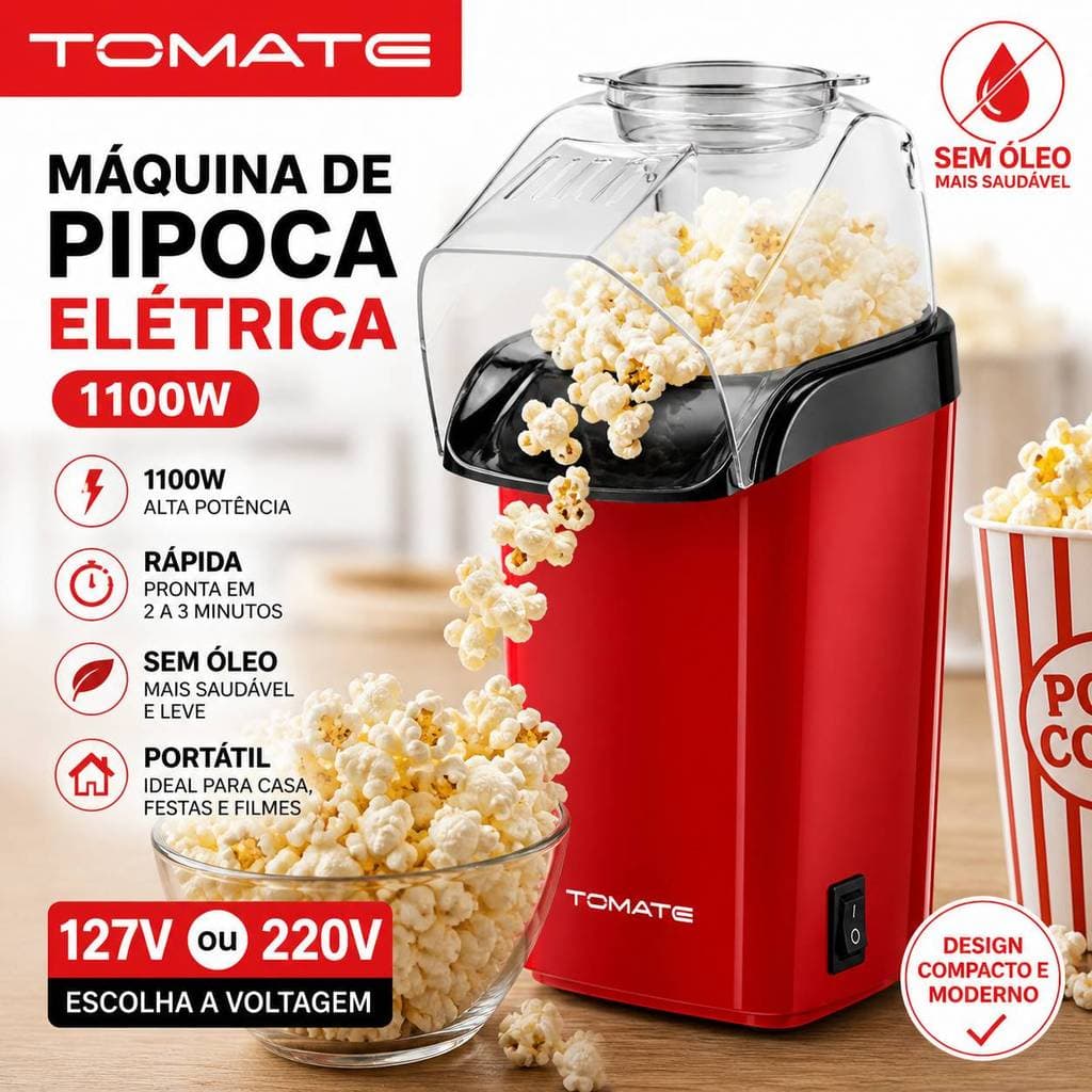 Máquina de Pipoca Elétrica 1100W 127V 220V Pipoqueira Sem Óleo Portátil Rápida Doméstica Milho Pipoca