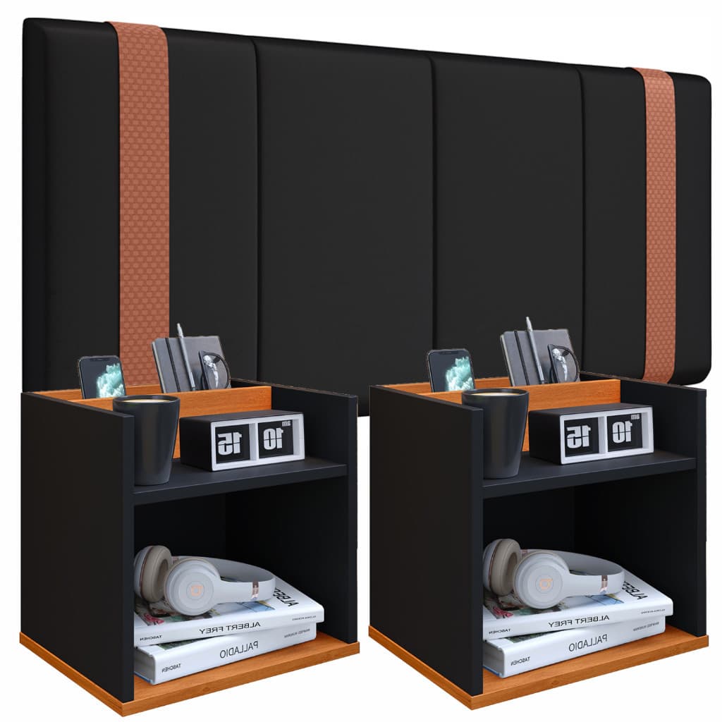 Lançamento Conjunto 2 Mesinha Quarto + Cabeceira Cama Luxo 1,40 Madri Acabamento Brilhante Cor Preto