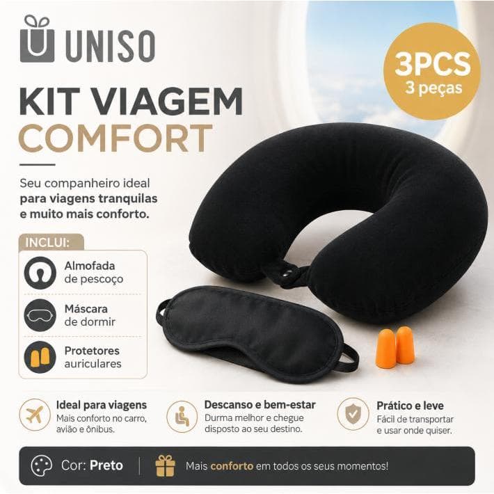 Kit Viagem Comfort 3 Peças – Travesseiro de Pescoço, Máscara de Olhos e Protetores Auriculares