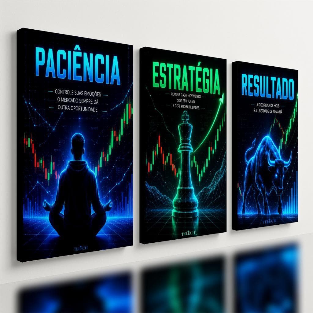 Kit 3 Quadro Decorativo Mercado Financeiro Trader Bolsa Ações Investimento Azul