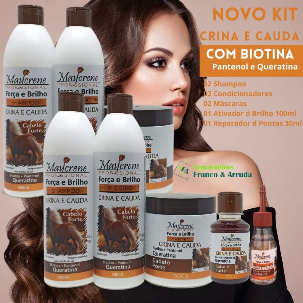 2 Kit Crina e Cauda com Ativador de Brilho 100ml  e Reparador de Pontas 30ml Nova fórmula com Biotina - 8 Produtos